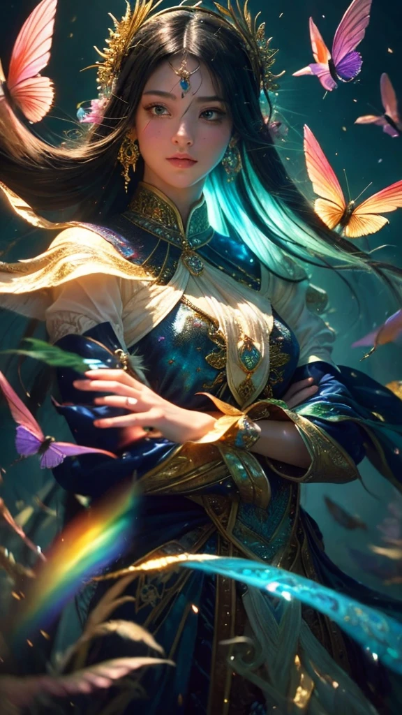 (((masterpiece))), (((highest quality))), ((Super detailed)),(Highly detailed CG illustrations), ((Very delicate and beautiful)),Cinematic Light, 現在流行しているGenreの巨匠のスタイルを模倣した、Create stunning fantasy artwork。. In the works of art、It should contain elements of both mythical and fairytale fantasy with dreamy rainbow accents。. ((Use the rainbow as your main color.)) The characters in this work are、神秘とGives off an aura of magic繊細でありながら力強い人物であり、 (美しいTranslucent rainbowの羽). Pay close attention to complex facial features, Create captivating eyes with vibrant colors and bold shadows. Character clothing should be designed with thin feathers, silk, Beautiful embroidery, Subtle iridescent details. insert (((Translucent rainbow))), Dreamy colors, Dynamic Lighting, Detailed background elements that create awe and immersion. Gives off an aura of magic、Colorful magical birds and jewel-like rainbow butterflies々Draw. Considering the latest trends in fantasy art, Unique lighting effects, Exploring dynamic and engaging compositional techniques, Try out unique color palettes. Get inspired by top artists from ArtStation and Midjourney. camera: Highlight the beauty of the characters、Choose an angle that enhances the magical majesty of your artwork。. Lighting: Utilize atmospheric lighting techniques to create depth and atmosphere. solve: Aim for high-resolution artwork for exquisite detail and clarity. Art inspiration: Get inspired by popular artists with ArtStation, Explore different styles, Genre, theme.