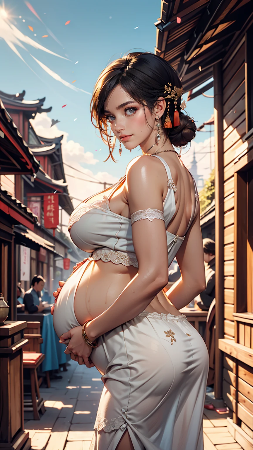 {{masterpiece, highest quality, Highly detailed CG, unity 8k wallpaper, Cinema Lighting}}, Traditional Chinese Ink Painting, One girl, whole body, Pregnant women、Big belly、ancient architecture, blue sky, sunny day, wooden building, Famous protagonists, smile, Big eyes, Beautiful fine details, (Big Breasts, Cleavage), Round ass, Looking at the audience, Long eyelashes,Breasts swollen with breast milk
