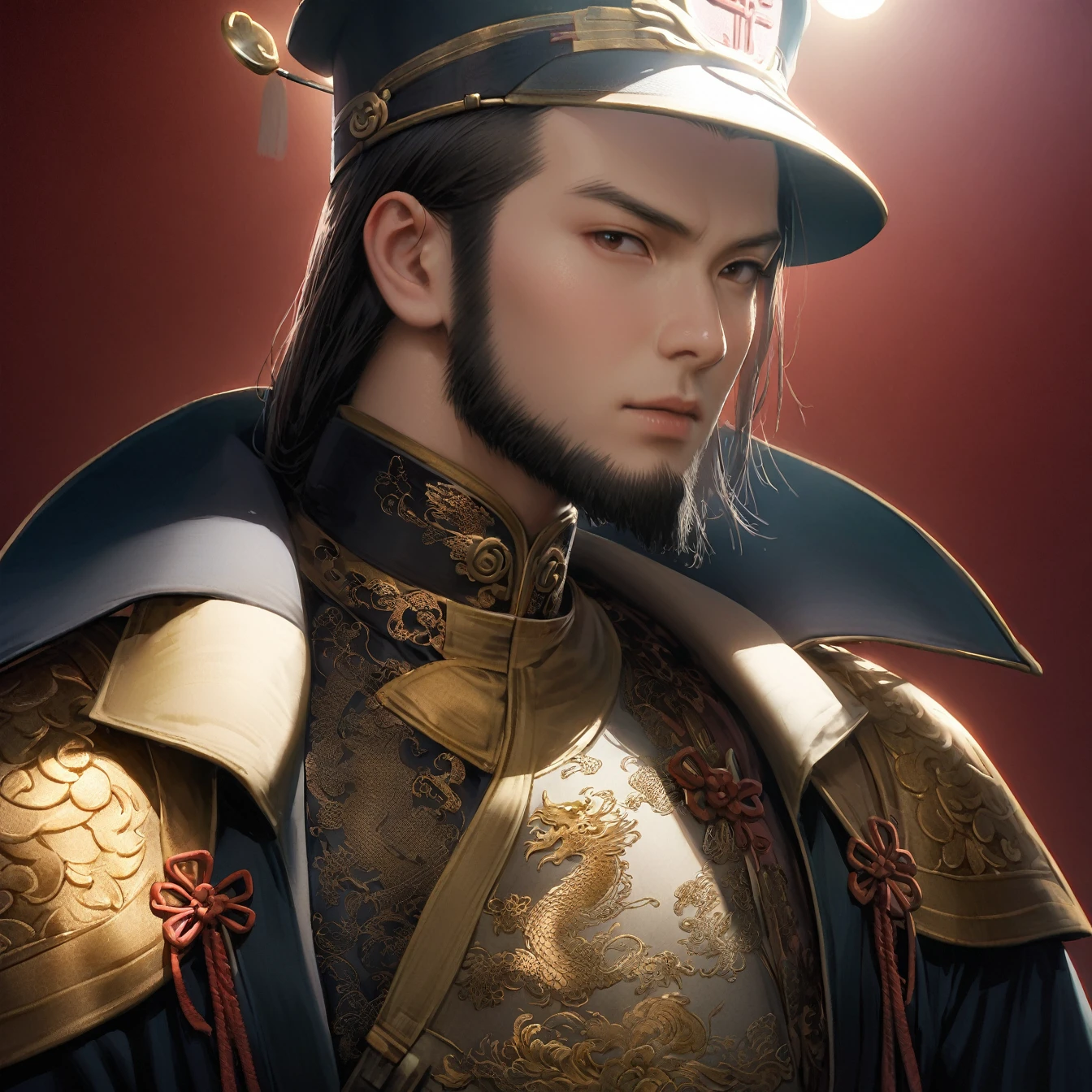 Emperor of China, Black Hat, Beardless, About 30 years old, Relatively large face, A simple, plain brown silk official uniform, Texture of light-colored dragon embroidered with openwork on clothes, realistic face close-up, Character Photo, Simple plain background, Zhou Haoguang, Background Light, Tyndall Light