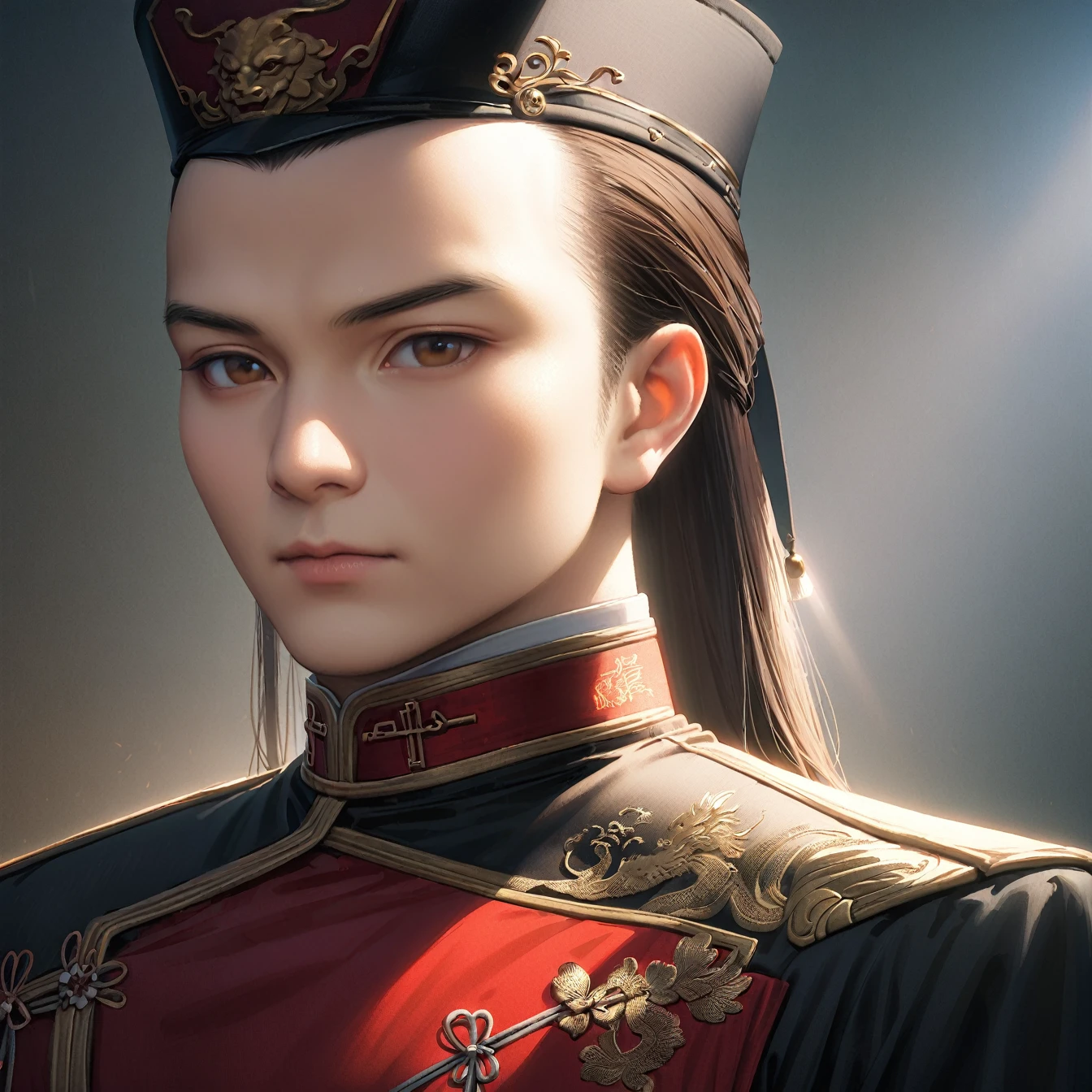 Emperor of China, Black Hat, Beardless, About 30 years old, Relatively large face, A simple, plain brown silk official uniform, Texture of light-colored dragon embroidered with openwork on clothes, realistic face close-up, Character Photo, Simple plain background, Zhou Haoguang, Background Light, Tyndall Light