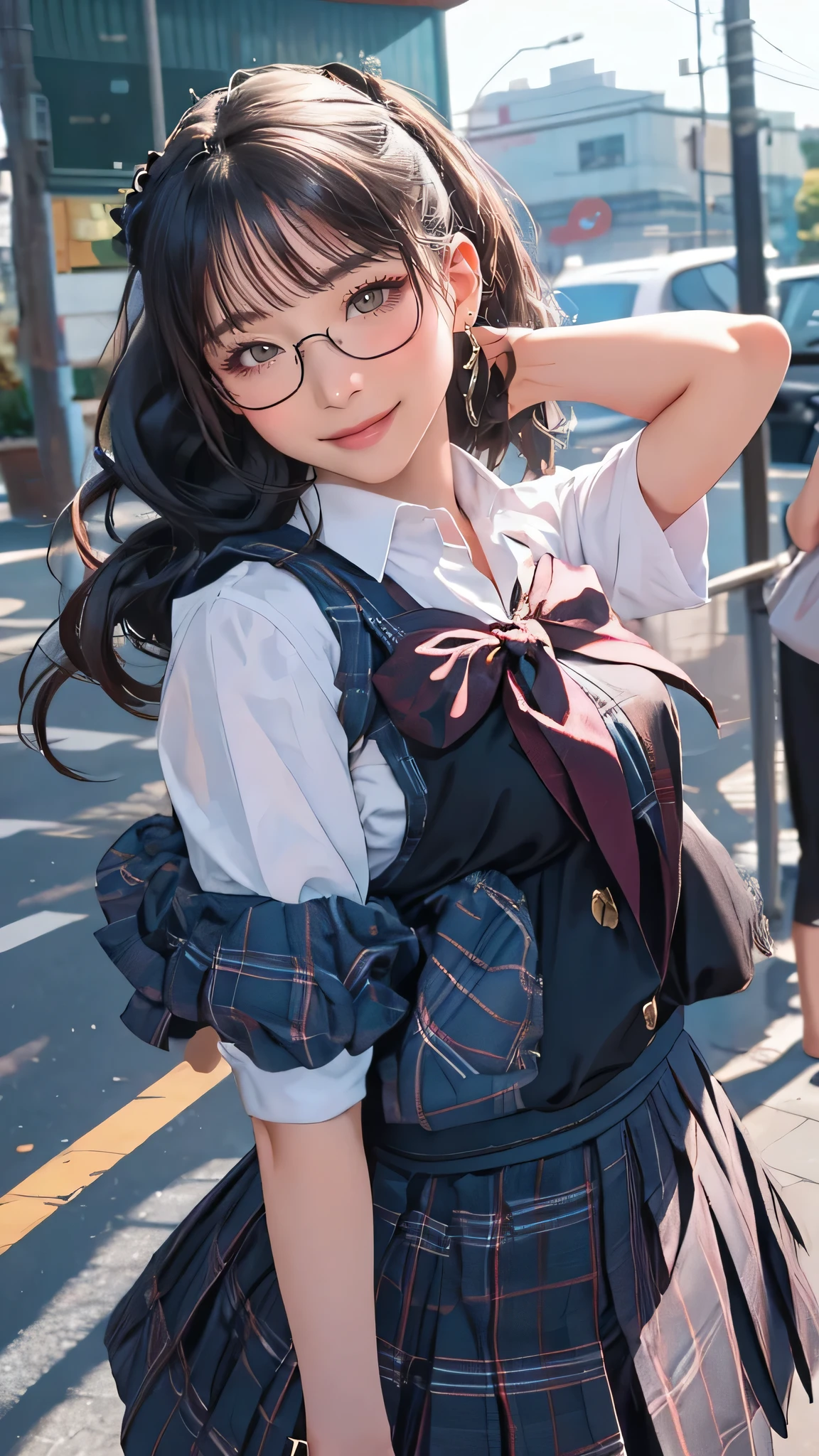 looking at viewer,high school girl,leaning forward,(random cute clothes),(random Lively pose),(Thin type),(large breasts),(random hairstyle),(Highest image quality, (8K), Ultra-realistic, Best Quality, High quality, High Definition, high quality texture, high detailing, Beautiful detailed, fine detailed, extremely details CG, Detailed texture, realistic representation of face, masterpiece, presence),(wearing glasses:1.1)