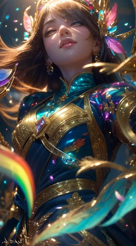 (((masterpiece))), (((highest quality))), ((Super detailed)),(Highly detailed CG illustrations), ((Very delicate and beautiful)),Cinematic Light, 現在流行しているGenreの巨匠のスタイルを模倣した、Create stunning fantasy artwork。. In the works of art、It should contain elements of both mythical and fairytale fantasy with dreamy rainbow accents。. ((Use the rainbow as your main color.)) The characters in this work are、神秘とGives off an aura of magic繊細でありながら力強い人物であり、 (美しいTranslucent rainbowの羽). Pay close attention to complex facial features, Create captivating eyes with vibrant colors and bold shadows. Character clothing should be designed with thin feathers, silk, Beautiful embroidery, Subtle iridescent details. insert (((Translucent rainbow))), Dreamy colors, Dynamic Lighting, Detailed background elements that create awe and immersion. Gives off an aura of magic、Colorful magical birds and jewel-like rainbow butterflies々Draw. Considering the latest trends in fantasy art, Unique lighting effects, Exploring dynamic and engaging compositional techniques, Try out unique color palettes. Get inspired by top artists from ArtStation and Midjourney. camera: Highlight the beauty of the characters、Choose an angle that enhances the magical majesty of your artwork。. Lighting: Utilize atmospheric lighting techniques to create depth and atmosphere. solve: Aim for high-resolution artwork for exquisite detail and clarity. Art inspiration: Get inspired by popular artists with ArtStation, Explore different styles, Genre, theme.