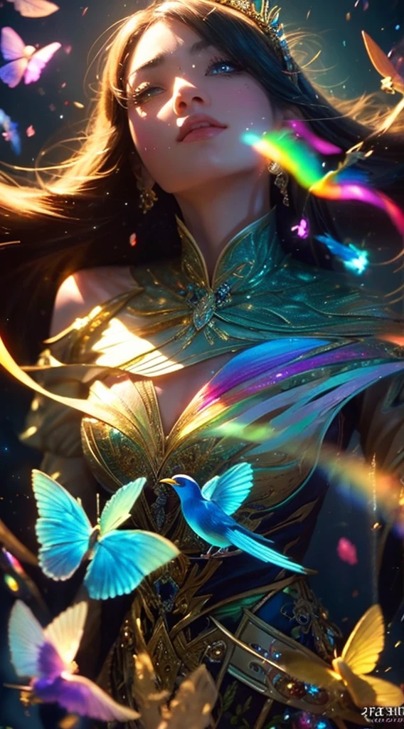 (((masterpiece))), (((highest quality))), ((Super detailed)),(Highly detailed CG illustrations), ((Very delicate and beautiful)),Cinematic Light, 現在流行しているGenreの巨匠のスタイルを模倣した、Create stunning fantasy artwork。. In the works of art、It should contain elements of both mythical and fairytale fantasy with dreamy rainbow accents。. ((Use the rainbow as your main color.)) The characters in this work are、神秘とGives off an aura of magic繊細でありながら力強い人物であり、 (美しいTranslucent rainbowの羽). Pay close attention to complex facial features, Create captivating eyes with vibrant colors and bold shadows. Character clothing should be designed with thin feathers, silk, Beautiful embroidery, Subtle iridescent details. insert (((Translucent rainbow))), Dreamy colors, Dynamic Lighting, Detailed background elements that create awe and immersion. Gives off an aura of magic、Colorful magical birds and jewel-like rainbow butterflies々Draw. Considering the latest trends in fantasy art, Unique lighting effects, Exploring dynamic and engaging compositional techniques, Try out unique color palettes. Get inspired by top artists from ArtStation and Midjourney. camera: Highlight the beauty of the characters、Choose an angle that enhances the magical majesty of your artwork。. Lighting: Utilize atmospheric lighting techniques to create depth and atmosphere. solve: Aim for high-resolution artwork for exquisite detail and clarity. Art inspiration: Get inspired by popular artists with ArtStation, Explore different styles, Genre, theme.