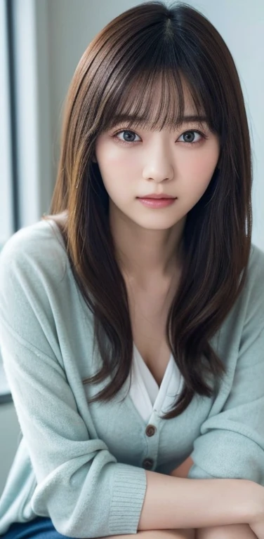 masterpiece, highest quality, 8k, 20th generation, Big Breasts, cute, alone, sad, cute, Girlish,cute 繊細な女の子, cute、Pure beauty, RAW Photos, Professional photography, Portraiture, Soft Light, Professional Lighting, Backlight, Upper Body, avert your eyes, Sophisticated, Film Grain, (Eye and facial details:1.0), Round face、Floating Hair, beautiful, Flowing hair, Asymmetrical bangs、(Big Breasts:1.0)、loose white blouse、Navy blue cardigan、You can see a little bit of her chest、Micro Mini Skirt、Exposed thighs、Voluptuous thighs、dolly make、Heterochromia iridis、Office at night、In front of the computer、sitting in an office chair、