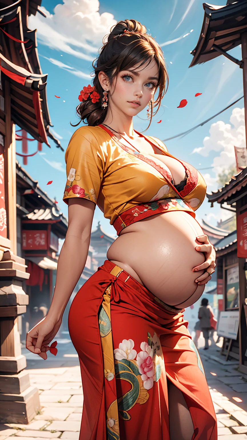 {{masterpiece, highest quality, Highly detailed CG, unity 8k wallpaper, Cinema Lighting}}, Traditional Chinese Ink Painting, One girl, whole body, Pregnant women、Big belly、ancient architecture, blue sky, sunny day, wooden building, Famous protagonists, smile, Big eyes, Beautiful fine details, (Big Breasts, Cleavage), Round ass, Looking at the audience, Long eyelashes,Breasts swollen with breast milk