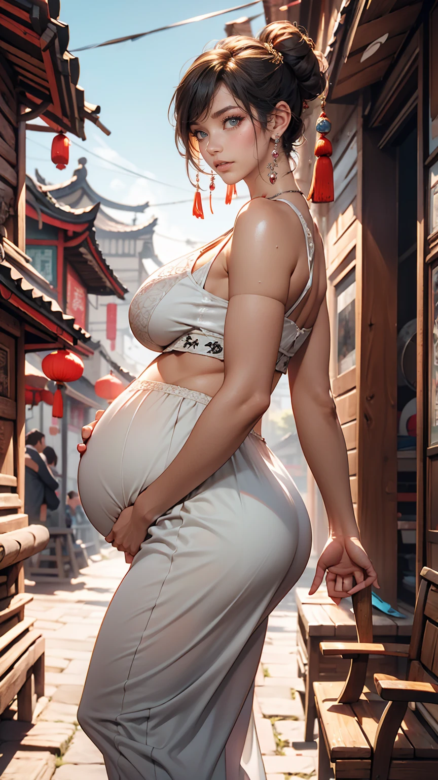 {{masterpiece, highest quality, Highly detailed CG, unity 8k wallpaper, Cinema Lighting}}, Traditional Chinese Ink Painting, One girl, whole body, Pregnant women、Big belly、ancient architecture, blue sky, sunny day, wooden building, Famous protagonists, smile, Big eyes, Beautiful fine details, (Big Breasts, Cleavage), Round ass, Looking at the audience, Long eyelashes,Breasts swollen with breast milk