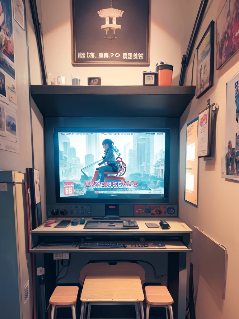 Chairに座ってビデオgameをしている女の子、masterpiece, highest quality,Super detailed, ,5yo,Movie angle,playing game,game_center, scenery, Arcade Cabinet, Chair, Poster (object), indoor , Away,sitting Chair