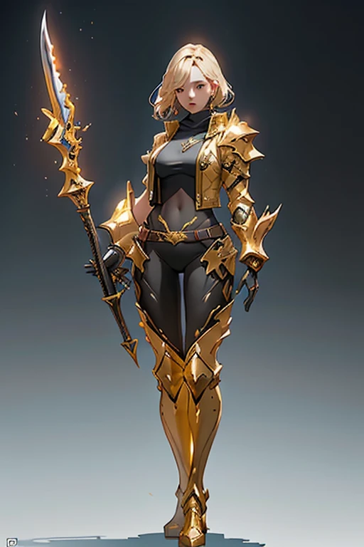 Design a layout showcase Gaming character, (1girl). Golden+Purle clothes, stylish and unique, ((showcase weapon:1.4)), magic staff, (masterpiece:1.2), (best quality), 4k, ultra-detailed, (Step by step design, layout art:1.5), (luminous lighting, atmospheric lighting), Final Fantasy style, magican, ((glove full hands)), fran, viera, (((revealing clothes:1.3))), vambraces, armored legwear, (((full_body_shot:1.4))), Niji