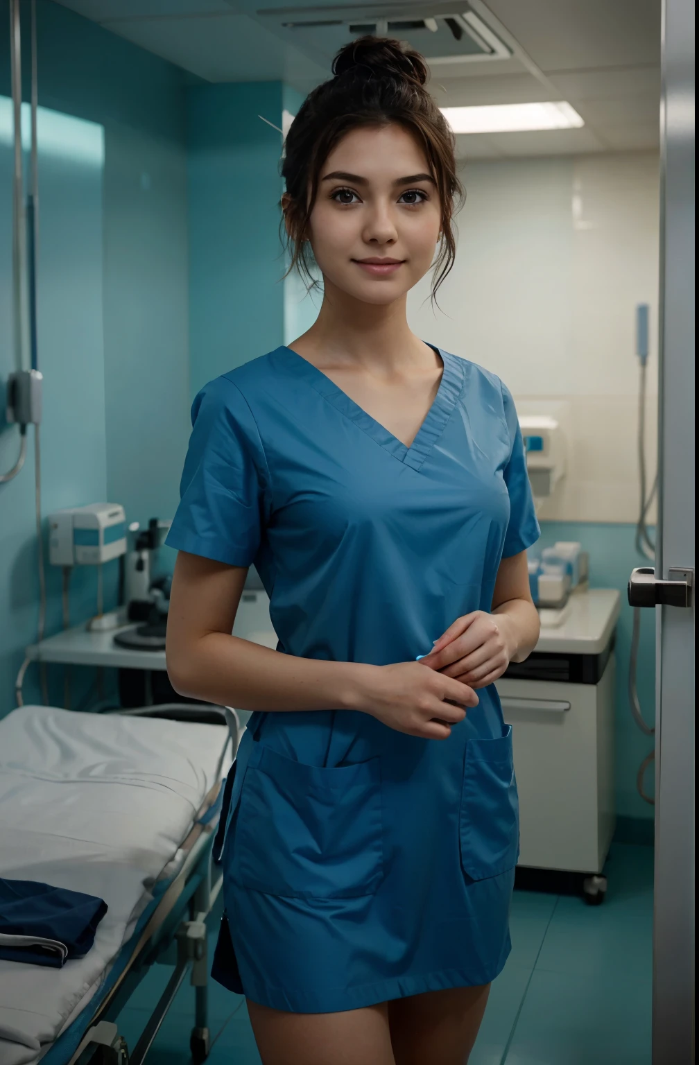 Ultra realistic, Cinematic , surgical nurse american teeanger girl,working in surgery, , body, pale skin, beautiful face, big smile, detailed face, ultra soft and ultra light slight small blue women hospital scrubs, dark royal-blue, ocean blue hospital scrubs, wide angle showing full body, hospital ward, people, bokeh wearing dark-teal surgical scrubs, wide angle, showing full body, short hair tied up, hair bun, hair tied as chignons