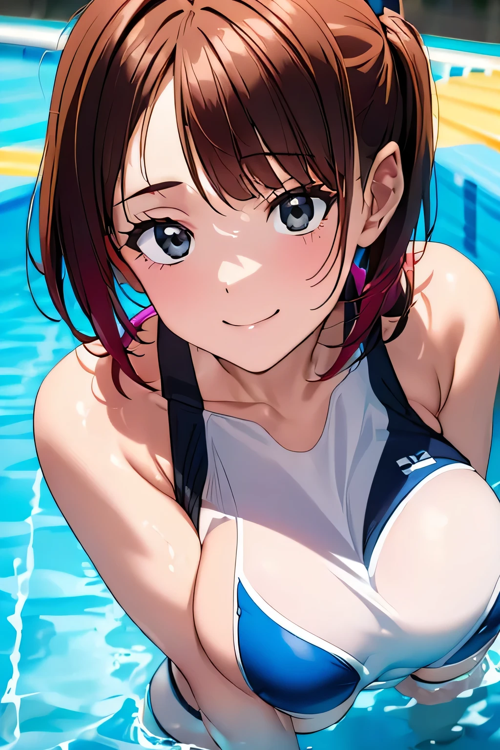 (((Competition diving board:1.3))),(((Sports towel))), (((Competition Pool 1.3))),((Competition Swimwear:1.7)),(((White one piece swimsuit))),Expressing happiness with a smile,Cute Face,Extreme close up of face,Shiny light brown and orange striped short hair,Perfect round face,iris,(hairpin、Floating Hair、),Big Breasts.Professional Lighting,Cinematic Light,(Tabletop,highest quality,Ultra-high resolution output images,) ,(8K quality),(Picture Mode Ultra HD),