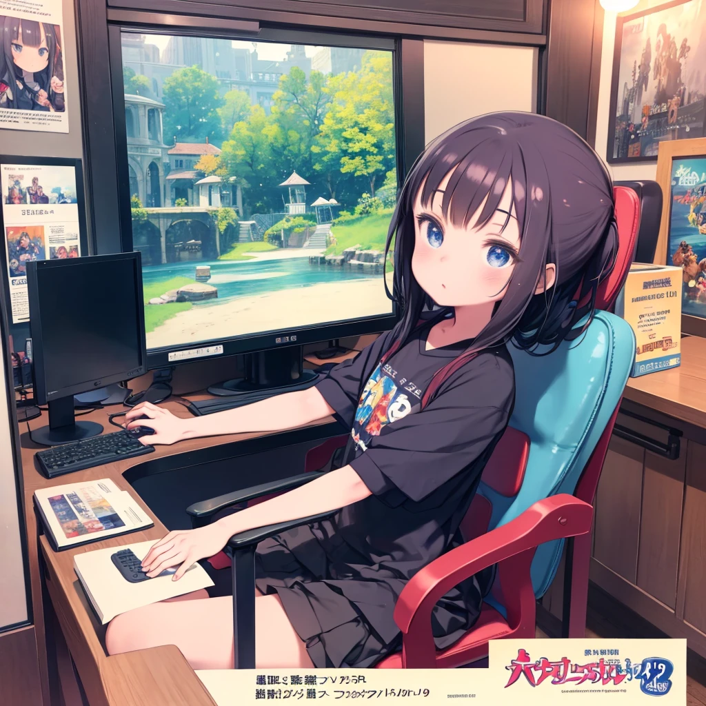 Chairに座ってビデオgameをしている女の子、masterpiece, highest quality,Super detailed, ,5yo,Movie angle,playing game,game_center, scenery, Arcade Cabinet, Chair, Poster (object), indoor , Away,sitting Chair