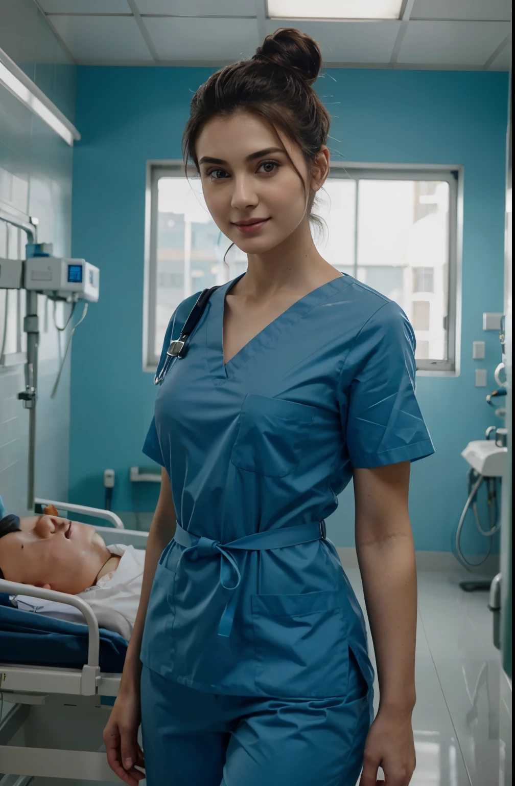 Ultra realistic, Cinematic , surgical nurse, italian teeanger girl,working in surgery, 17 years old, body, pale skin, beautiful face, big smile, detailed face, ultra soft and ultra light slight small blue women hospital scrubs, dark royal-blue, ocean blue hospital scrubs, wide angle showing full body, hospital ward, people, bokeh wearing dark-teal surgical scrubs, wide angle, showing full body, short hair tied up, hair bun, hair tied as chignons