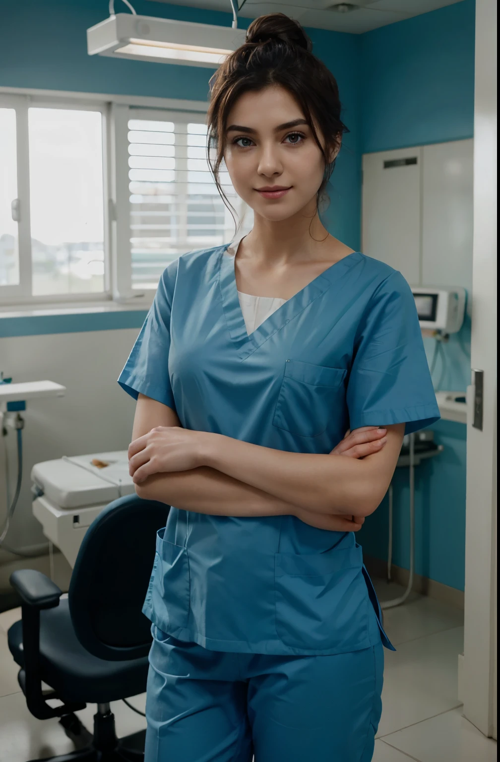 Ultra realistic, Cinematic , surgical nurse, italian teeanger girl,working in surgery, 17 years old, body, pale skin, beautiful face, big smile, detailed face, ultra soft and ultra light slight small blue women hospital scrubs, dark royal-blue, ocean blue hospital scrubs, wide angle showing full body, hospital ward, people, bokeh wearing dark-teal surgical scrubs, wide angle, showing full body, short hair tied up, hair bun, hair tied as chignons