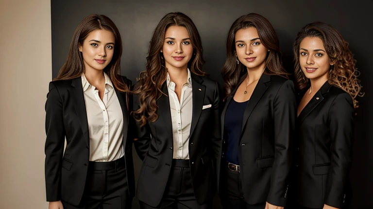 four young girls of 25 years old, long hair, curly hair, red brown hair color, soft hair, brown eyes, sincere smile, vegetation, Casual, business style clothing, black jacket, light shirt, realistic, with black photographic background, ( Super realistic 8k), super detailed and sharp, photo studio type black background