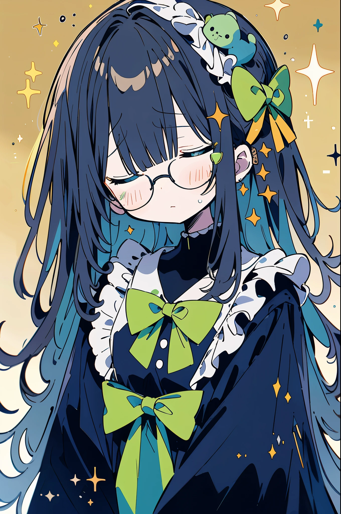 In addition, include a villain like the charming and creepy little round Marimo with bright green fur in the same scene. This villain wears oversized round glasses that complement his curious and intelligent appearance, but his eyes glow ominously in the dark. The fur is fluffy, neatly layered, with an orange spot on the chest that looks like a small bow tie, giving it a strange and disturbing impression,break,she has a look of strong (sleep:1.5)determination. Both characters create an intense atmosphere that emphasizes the epic scale and dramatic tension against the backdrop of dramatic golden light emanating from the impact of mechanical needles, blending whimsical and terrifying to create a magical yet eerie composition.