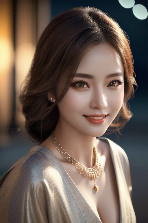 a beautiful russian woman in her 20s, light brown hair, fine white skin, attractive face, tight waist, cleavage, smiling kindly, wearing stylish clothes and necklace, active posing, detailed eyes, nose, lips, long eyelashes, perfectly balanced body, rough hairstyle, (best quality,8k,highres,masterpiece:1.2),ultra-detailed,(realistic,photorealistic,photo-realistic:1.37),HDR,UHD,studio lighting,ultra-fine painting,sharp focus,physically-based rendering,extreme detail description,professional,vivid colors,bokeh,portrait,beautiful night scenery,geisha