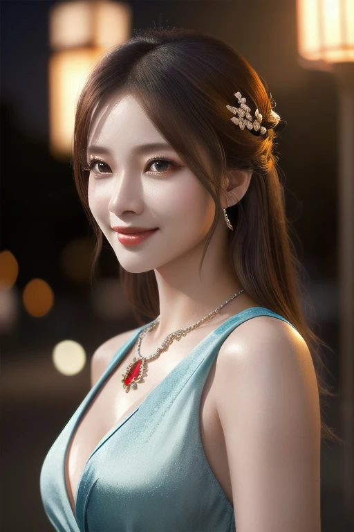 a beautiful russian woman in her 20s, light brown hair, fine white skin, attractive face, tight waist, cleavage, smiling kindly, wearing stylish clothes and necklace, active posing, detailed eyes, nose, lips, long eyelashes, perfectly balanced body, rough hairstyle, (best quality,8k,highres,masterpiece:1.2),ultra-detailed,(realistic,photorealistic,photo-realistic:1.37),HDR,UHD,studio lighting,ultra-fine painting,sharp focus,physically-based rendering,extreme detail description,professional,vivid colors,bokeh,portrait,beautiful night scenery,geisha