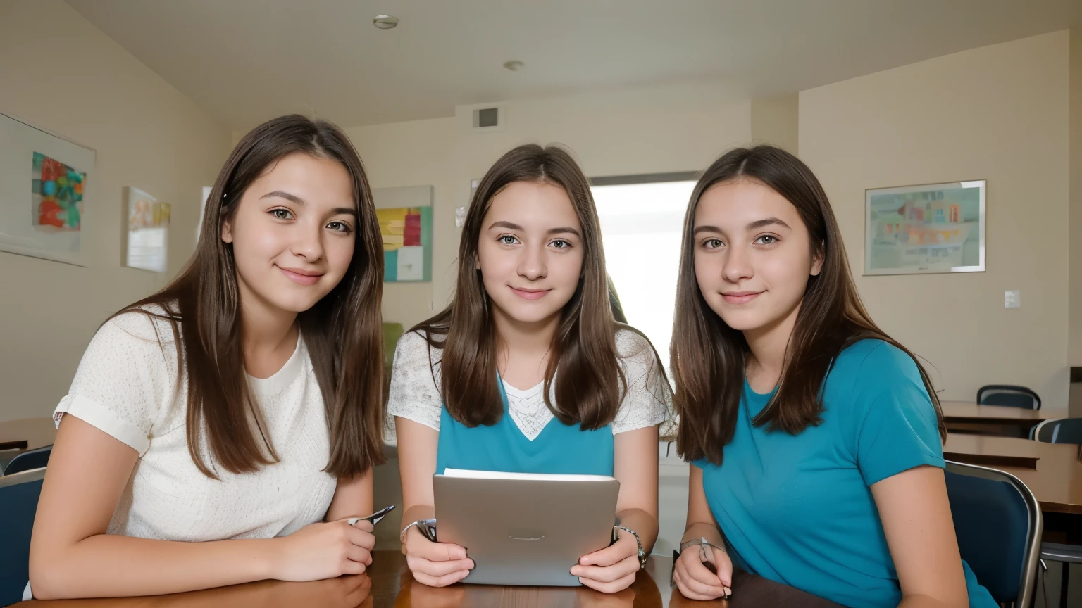 three teenage students , in a bright room, studying on the table, parece inteligente, fotografia, foto, smart appearance, imagem de estoque, arte em alta, foto, vestido casualmente, retrato de alta qualidade, instagram post, cintilante, good looking, a foto, foto de retrato