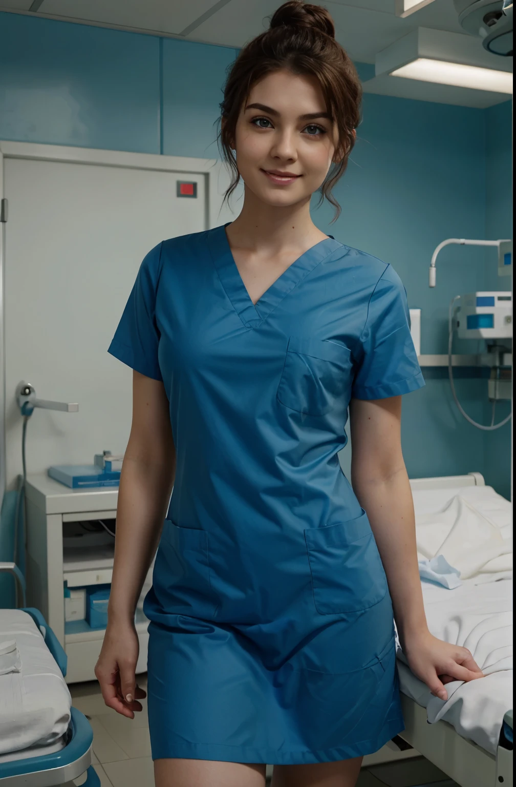 A Realistic Portrait of a young scottish woman , 20 years old, as surgical nurse, Beautiful, detailed face, detailed eyes, (realistic skin:1.3), (pale skin:1.1), (textured skin:1.3), (()), big smile, (iphone photograph),), (artificial lighting:1.3), looking at the camera, perfect slim body, amateur Photography, Photorealistic, Detailed, analog, poor quality, grainy, standing in Operation room , , (perfect small breasts:1.1) , standing in operation room, perfect body, pale skin, beautiful face, big smile, detailed face, wearing ultra soft and ultra light slight dark teal women hospital scrubs, dark teal hospital scrubs, wide angle showing full body, hospital ward, people, bokeh wearing dark-teal surgical scrubs, wide angle, showing full body, short hair tied up, hair bun, hair tied as chignon, holding black rubber-baloon in right hand,