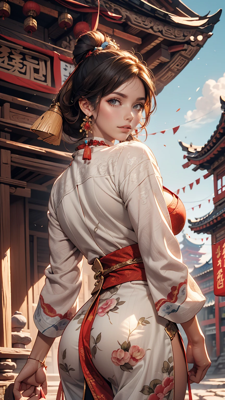 {{masterpiece, highest quality, Highly detailed CG, unity 8k wallpaper, Cinema Lighting}}, Traditional Chinese Ink Painting, One girl, whole body, ancient architecture, blue sky, sunny day, wooden building, Famous protagonists, smile, Big eyes, Beautiful fine details, (Big Breasts, Cleavage), Round ass, Looking at the audience, Long eyelashes,