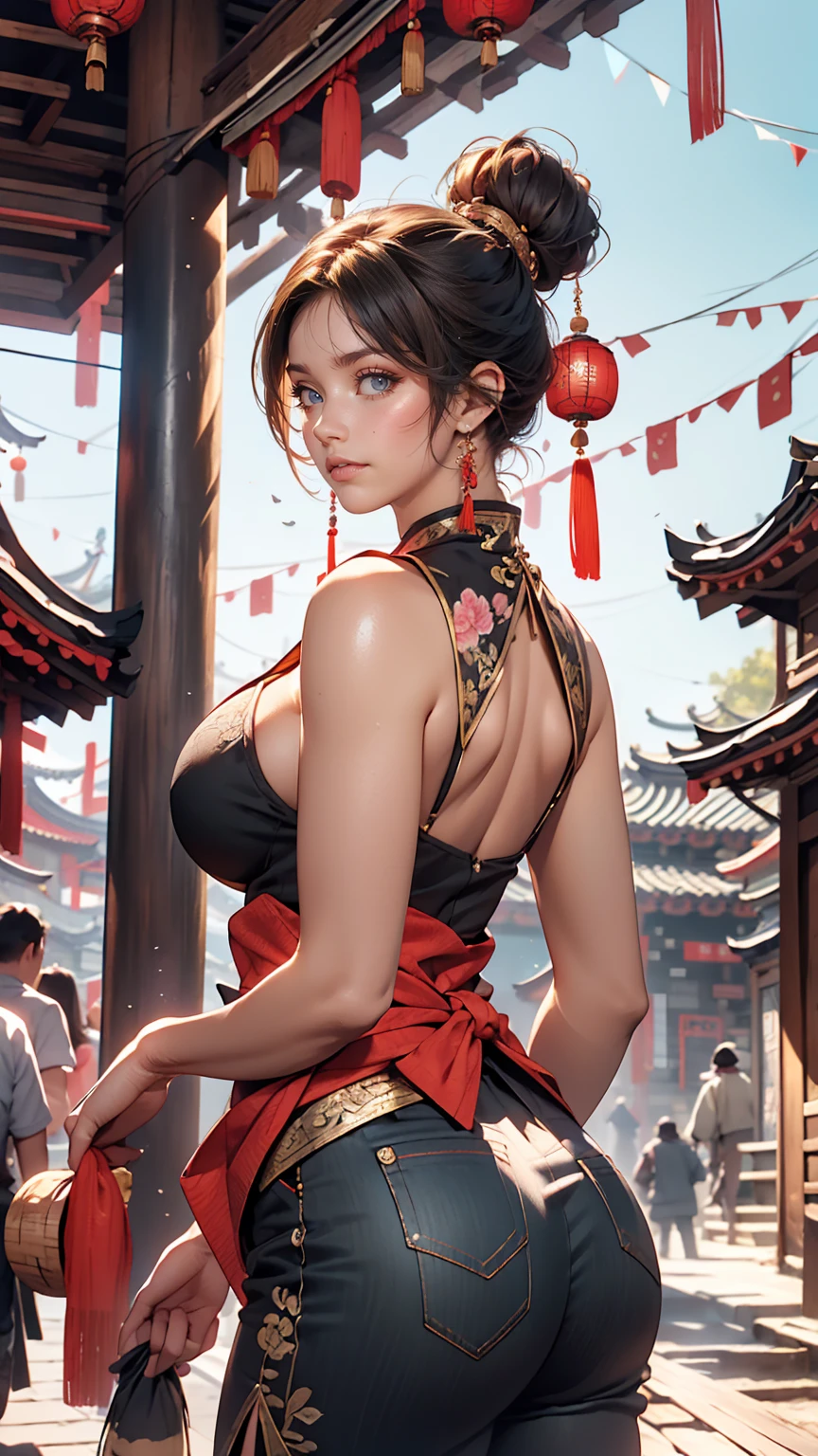 {{masterpiece, highest quality, Highly detailed CG, unity 8k wallpaper, Cinema Lighting}}, Traditional Chinese Ink Painting, One girl, whole body, ancient architecture, blue sky, sunny day, wooden building, Famous protagonists, smile, Big eyes, Beautiful fine details, (Big Breasts, Cleavage), Round ass, Looking at the audience, Long eyelashes,