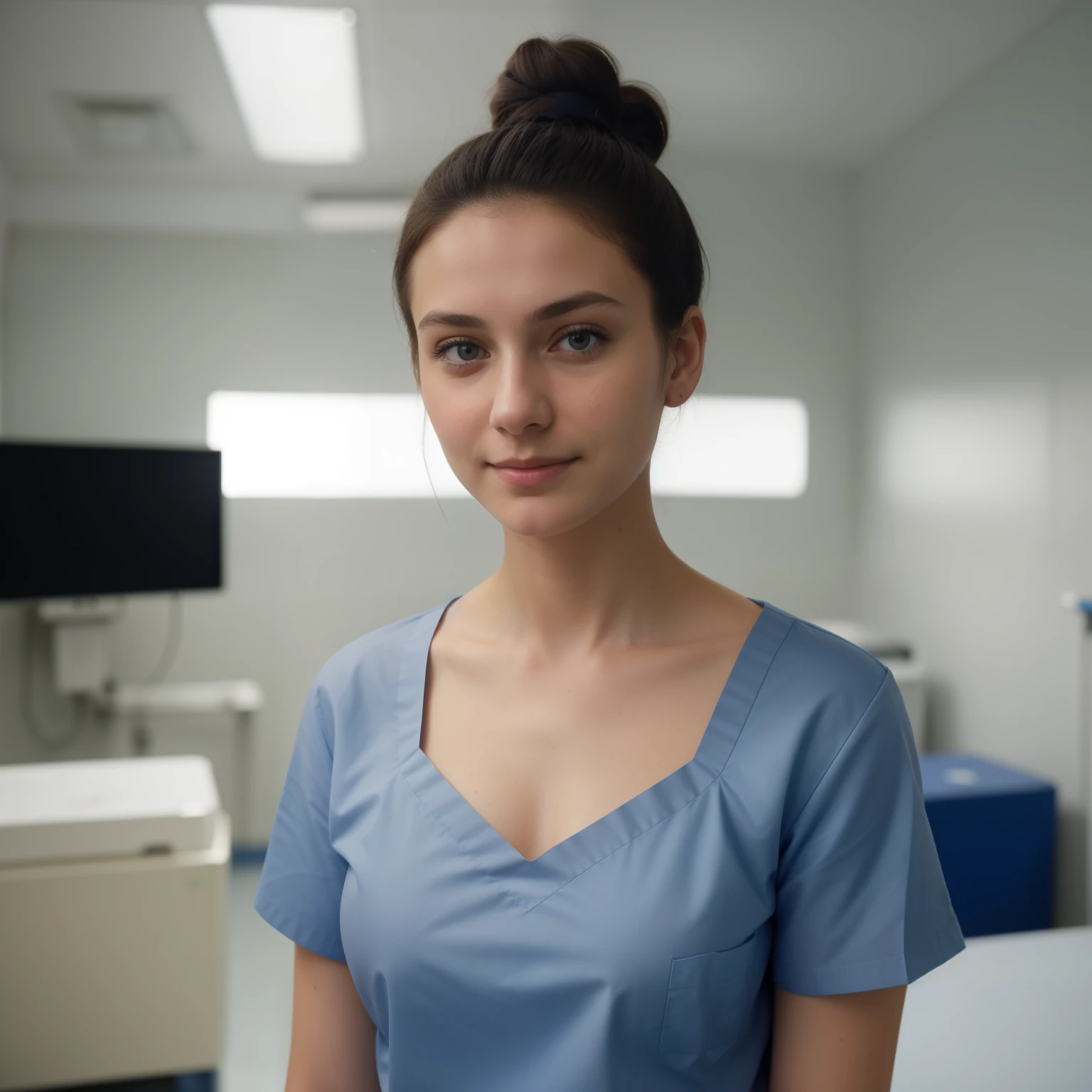 A Realistic Portrait, of a ager girl, 16 ynika Preil),, as surgical nurse, Beautiful, detailed face, detailed eyes, (realistic skin:1.3), (pale skin:1.1), (textured skin:1.3), (()), big smile, (iphone photograph), (perfect small breasts:1.1), (artificial lighting:1.3), looking at the camera, perfect slim body, amateur Photography, Photorealistic, Detailed, analog, poor quality, grainy, standing in operation room, wearing dark-blue surgical scrubs, wide angle, showing full body, short hair tied up, hair bun, hair tied as chignon