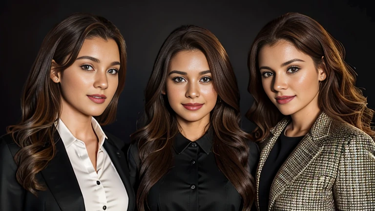 four young girls of 25 years old, long hair, curly hair, red brown hair color, soft skin, brown eyes, sincere smile, big bust, businesswoman style clothing, black jacket, light shirt, realistic, with black photographic background, (8k super realistic), super detailed and sharp, photo studio type black background