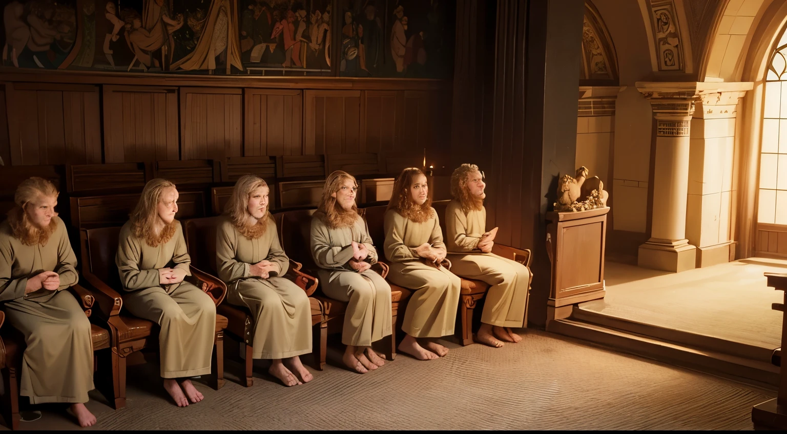 Animation of Daniel in the lions' den, showing the calm lions and Daniel in prayer.