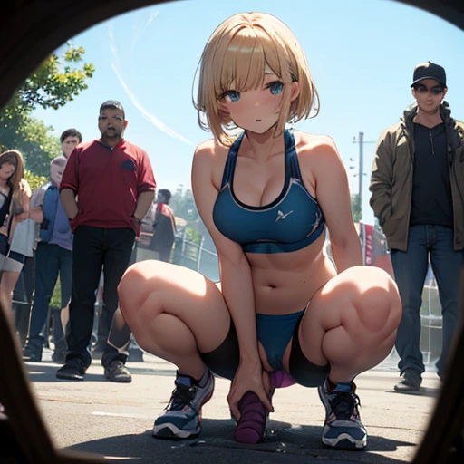 Short Hair、Blonde、Nipples、tits、Athletics、Sports Bra、stockings、Inserting a dildo into pussy、Open your legs while crouching、Perfect body、Semen overflows from pussy、Surrounded by a large group of men、penis