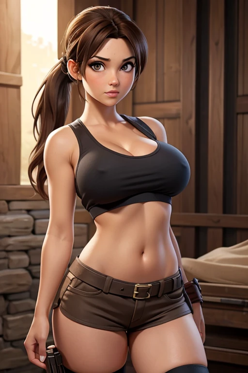 Masterpiece, perfect face, perfect legs, perfect body, perfect breasts, perfect hands, perfect fingers, perfect eyes, very huge breasts, cleavage, very short shorts, bare shoulders, tanktop, stockings, bare midriff, brown hair, bent forward, blushing, ponytail, lara croft, tomb raider, crop top, underboob, erect nipples, presenting breasts, blushing