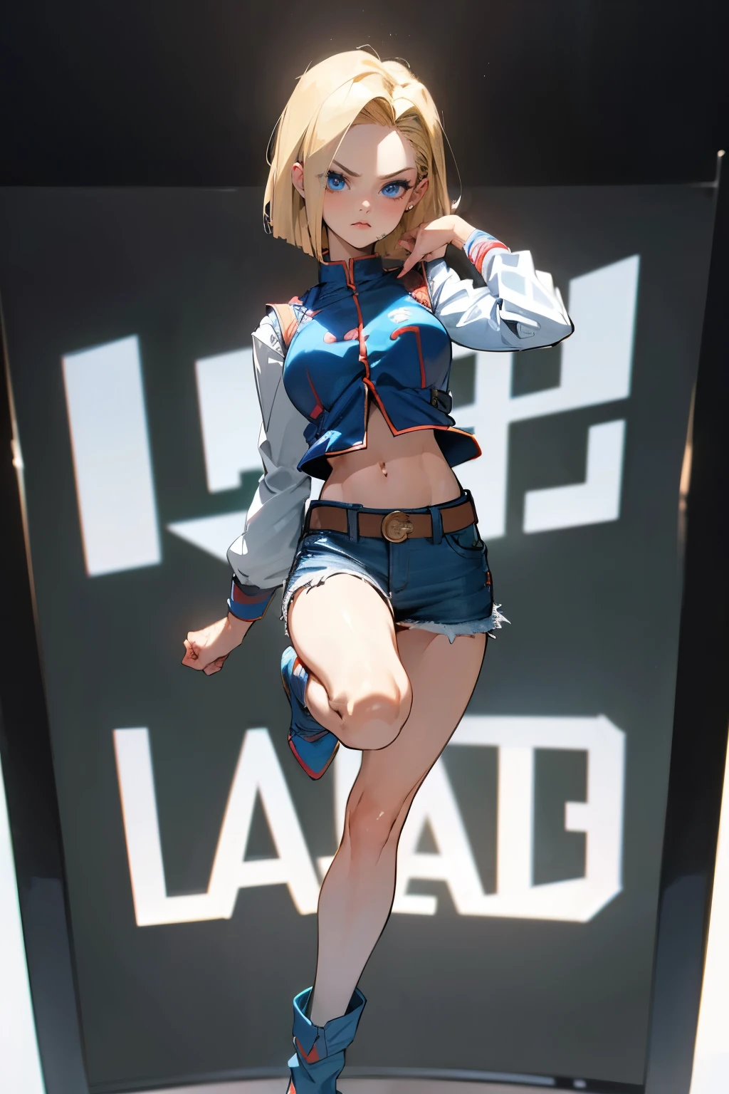 ((masterpiece, highest quality, Highest image quality, High resolution, photorealistic, Raw photo, 8K)), Woman with blonde short hair and black top, denim mini skirt, android 18, anime girl, (She is wearing a short skirt, a long-sleeved shirt, and a Slim Denim Vest), (very detailed figure), saiyan girl, beautiful portrait of android 18, casual pose, badass pose, Detailed skin, blue eyes, thighs visible, In Dynamic Pose, grim face, stand with one's legs spread apart, ((The screen says "Android 18" in large letters)),