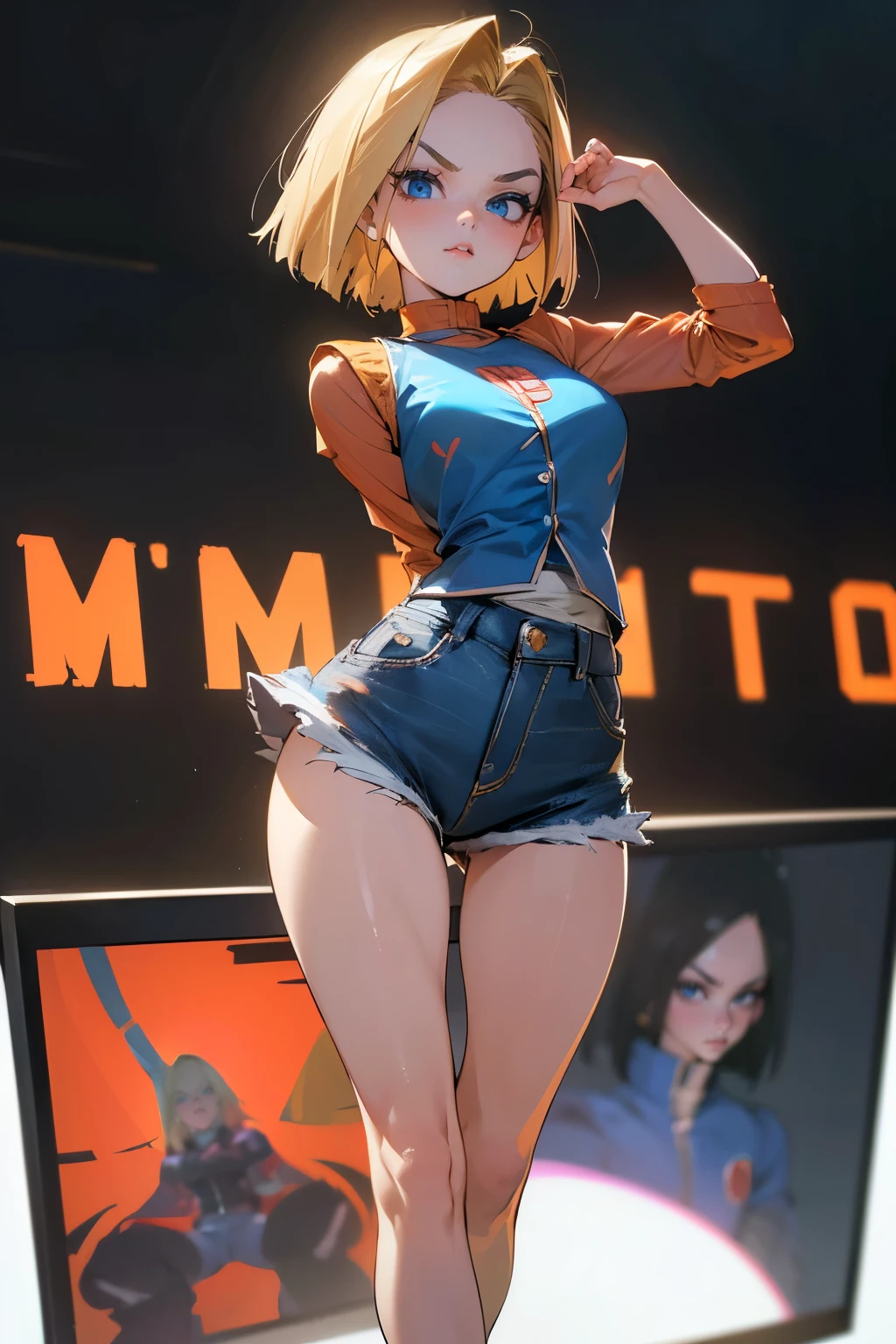 ((masterpiece, highest quality, Highest image quality, High resolution, photorealistic, Raw photo, 8K)), Woman with blonde short hair and black top, denim mini skirt, android 18, anime girl, (She is wearing a short skirt, a long-sleeved shirt, and a Slim Denim Vest), (very detailed figure), saiyan girl, beautiful portrait of android 18, casual pose, badass pose, Detailed skin, blue eyes, thighs visible, In Dynamic Pose, grim face, stand with one's legs spread apart, ((The screen says "Android 18" in large letters)),