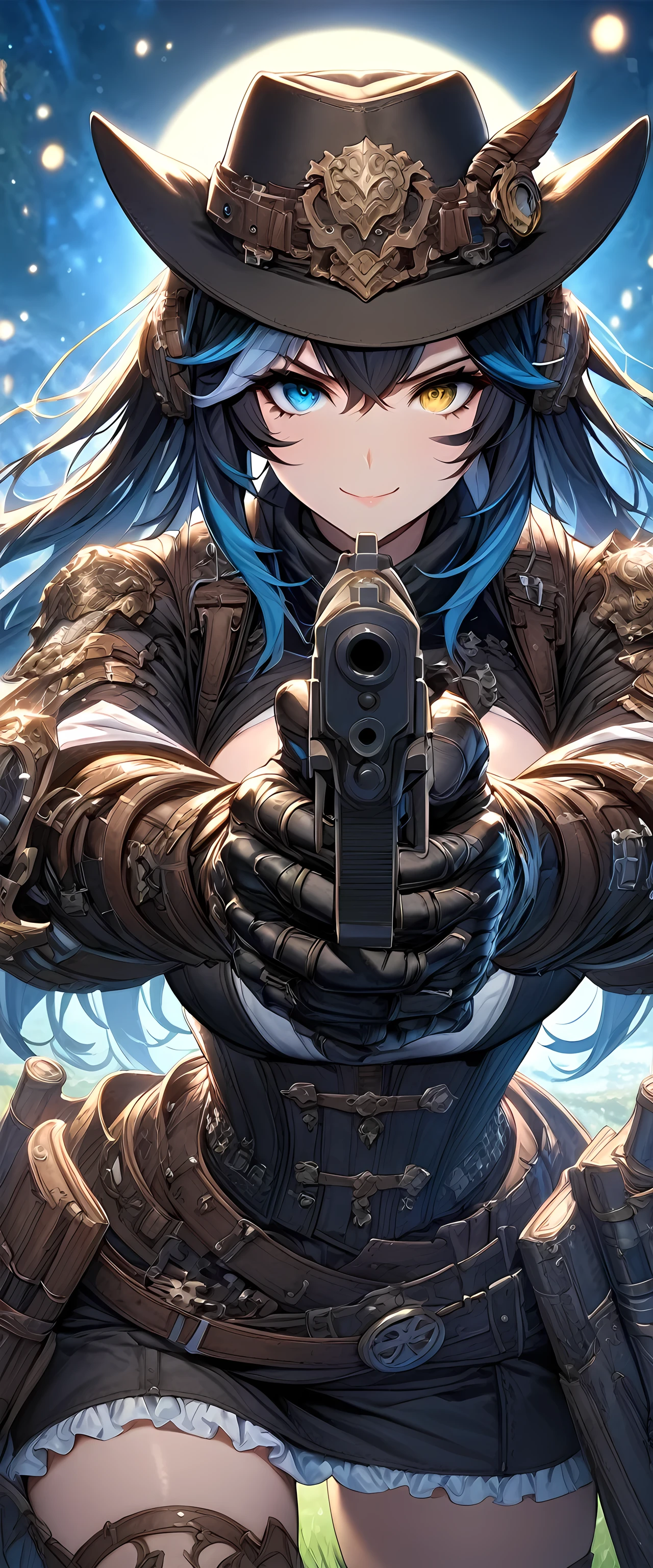 (masterpiece), best quality, expressive eyes, perfect face,1girl,final fantasy xiv,miqo'te,gunner,(heterochormia,yellow eye,blue eye:1.1),(black steampunk dress:1.2),frilled skirt,armored gloves, armored greaves,big breasts,(multicolored hair,black hair,turquiose hair:1.3),long straight hair,[[meadow,night,full moon,starry sky]],cowboy shot,standing,sexy pose,confident smile,steampunk style