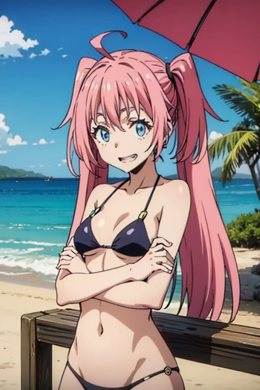 masterpiece, highest quality, 高解picture度,Anime Style、Characters from TenSura、picture、whole body Platinum pink hair(Twin tails:20:1)(Ahoge:1:10)、blue eyes、About 、smile、The double tooth shines、Bikini、Sandy Beach、Beach parasol、rest