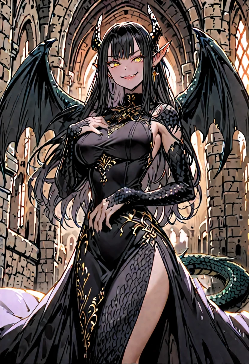 solo, female, sfw, medium shot, long hair, straight hair, black hair, golden eyes, head fins, large breasts, black dragon tail, black dragon wings, black scales, black claw hands, luxurious gown dress, medieval, castle interior, day, scales on hands, claws:1.4, scaled forearms, very tall woman, smug smile, large fangs, athletic, slit pupils, dragon horns, black tail