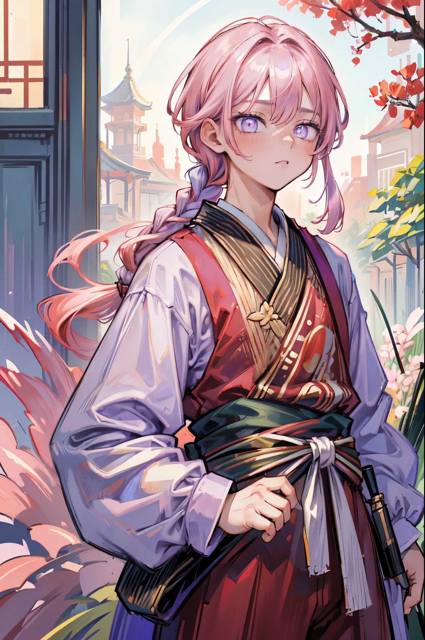 (Hyper detailed 8k Masterpiece) Pink haired cute young ((boy)), Short wavy hair with a side braid, Red Ancient Chinese clothes, Gardener, Floral vibes, pastel colors, soft solo, looking at camera. ((Glowing Vibrant purple eyes)),male ,red clothes,(Detailed face And eyes) (Male) (red clothes)
