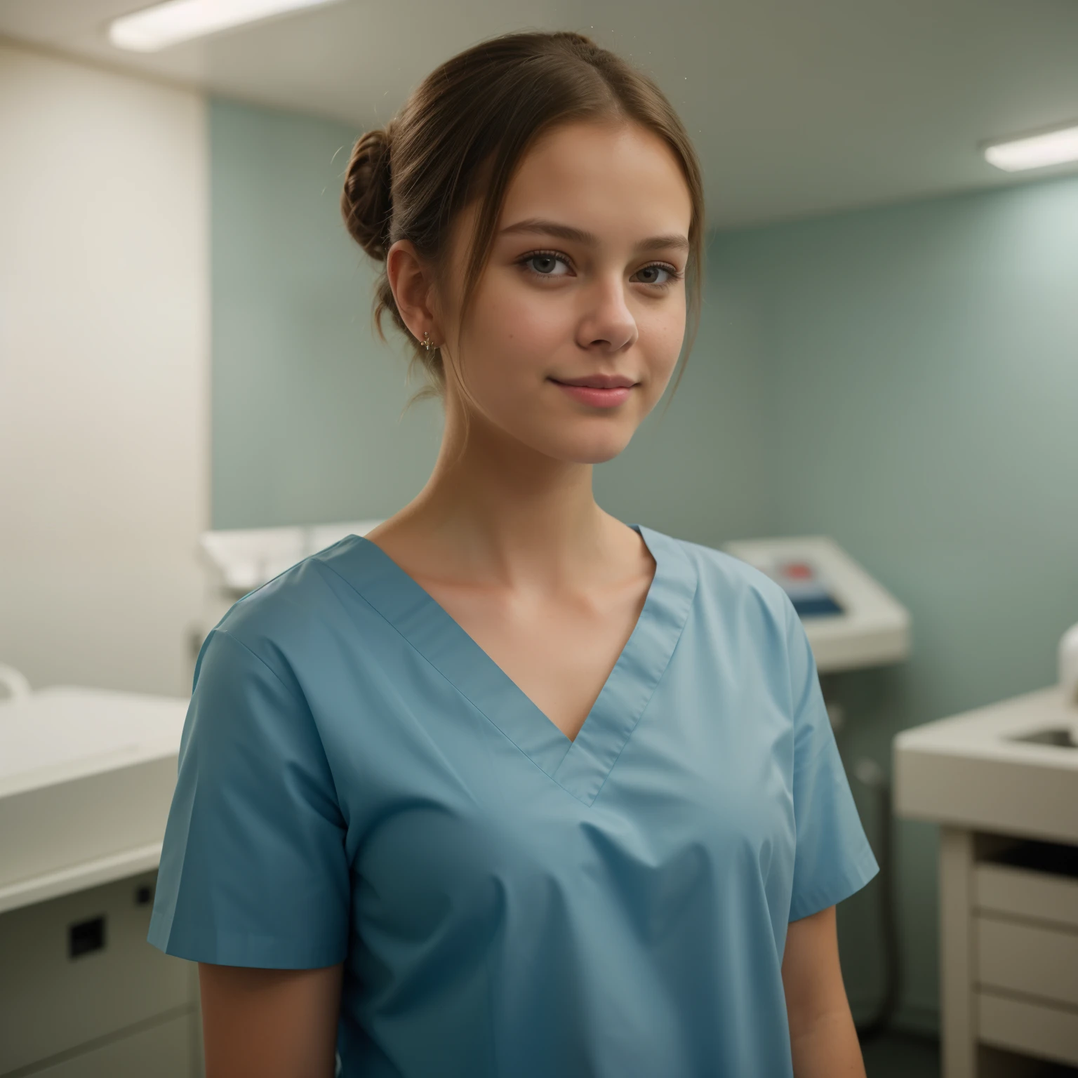 A Realistic Portrait, of a teenager girl, 16 years old (Kristina Pimenova),, as surgical nurse, Beautiful, detailed face, detailed eyes, (realistic skin:1.3), (pale skin:1.1), (textured skin:1.3), (()), big smile, (iphone photograph), (perfect small breasts:1.1),  (artificial lighting:1.3),  looking at the camera, perfect slim body, amateur Photography, Photorealistic, Detailed, analog, poor quality, grainy, standing in operation room, wearing dark-teal surgical scrubs, wide angle, showing full body, short hair tied up, hair bun, hair tied as chignon