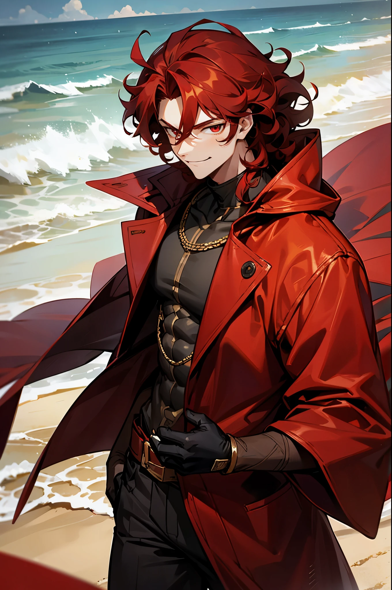 1male, Young Adult, Dark Red Hair, Red Eyes, Muscular, Curly Hair, Red and Gold Coat, Walking On Beach, Black Gloves, Smirk