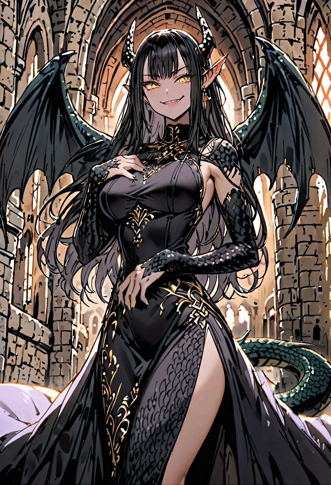 solo, female, sfw, medium shot, long hair, straight hair, black hair, golden eyes, head fins, large breasts, black dragon tail, black dragon wings, black scales, black claw hands, luxurious gown dress, medieval, castle interior, day, scales on hands, claws:1.4, scaled forearms, very tall woman, smug smile, large fangs, athletic, slit pupils, dragon horns, black tail