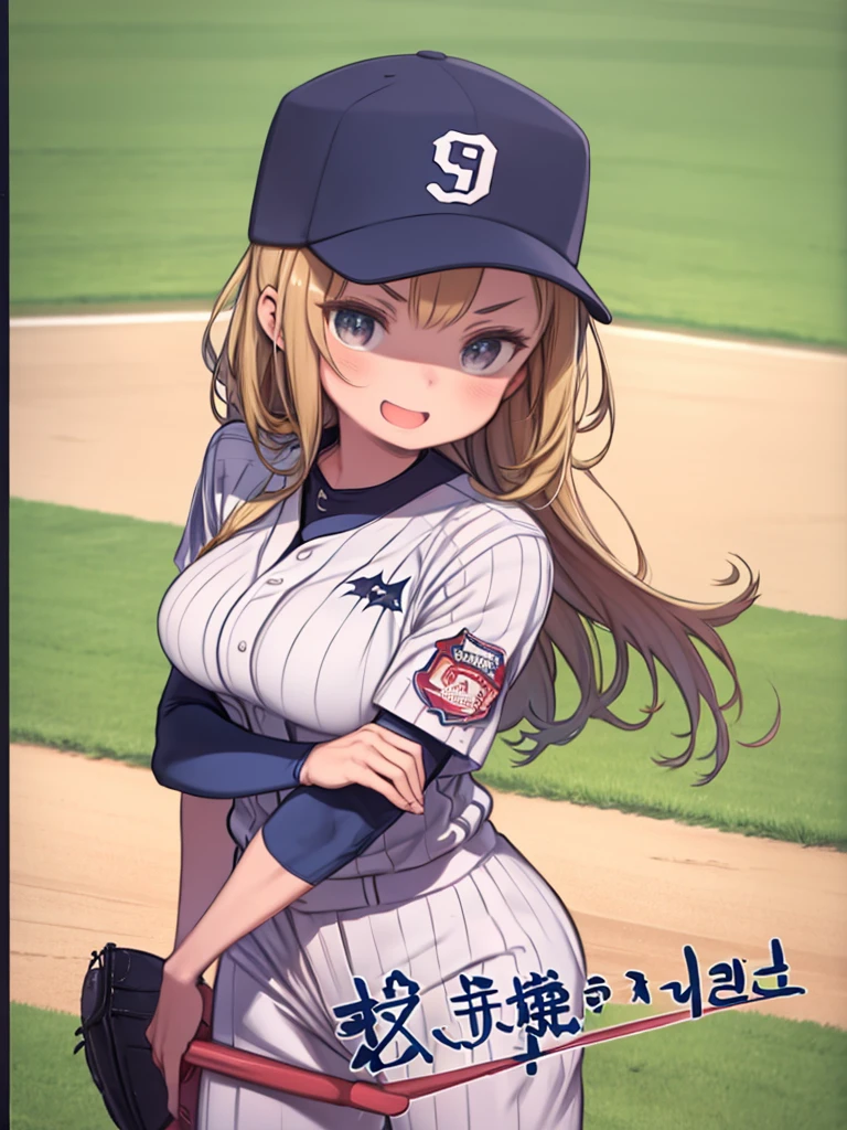 masterpiece、highest quality、High resolution、Very detailed、Girl、Big Breasts、Baseball Player、baseball player、Wearing a baseball uniform、Put on a baseball helmet、Stand in the batter's box、V-shaped eyebrows、laughing、Hold the bat、Angle from the front、Viewed from the front、