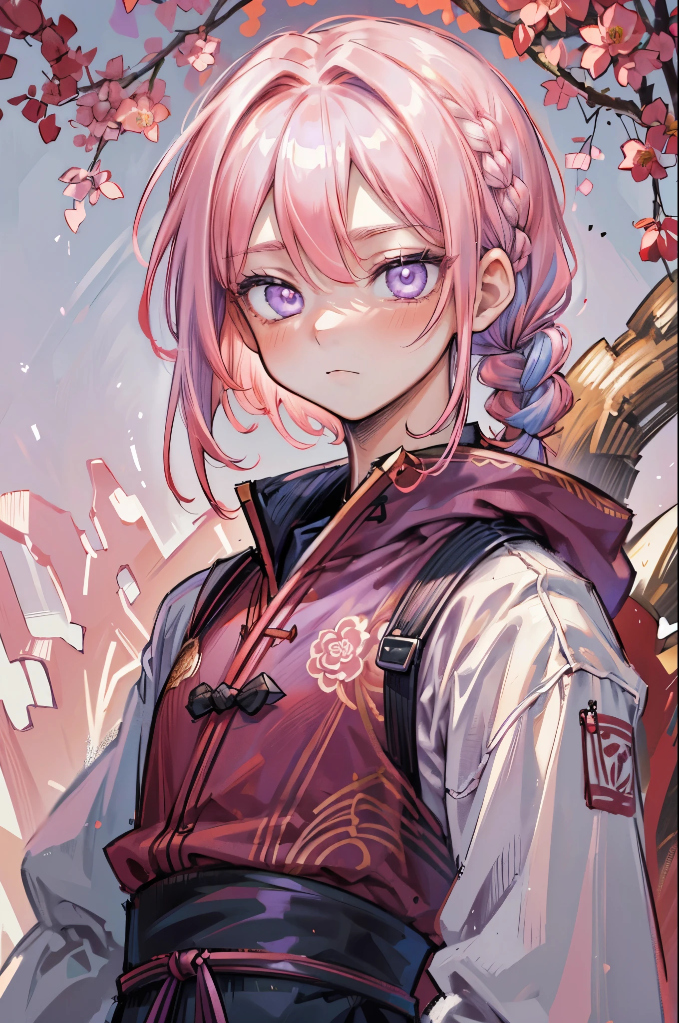 (Hyper detailed 8k Masterpiece) Pink haired cute young ((boy)), Short wavy hair with a side braid, Red Ancient Chinese clothes, Gardener, Floral vibes, pastel colors, soft solo, looking at camera. ((Glowing Vibrant purple eyes)),male ,red clothes,(Detailed face And eyes) (Male) (red clothes)
