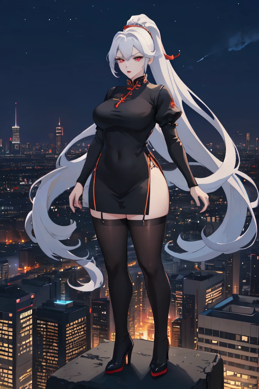 anime, (artwork, best quality, ultra-detailed, high contrast), 1 woman (Alone, full body, plus size body, standing on the edge of the skyscraper, silver hair, LONG In a ponytail, red eyes (detailed eyes), passionate expression, red lips (perfect lips), ruby sparkles, (simple black qipao), high heel boots black cybernetics with neon pink), transparent black socks), (skyscraper roof, overlooking a city, detailed background ((night time, Darkness, low light pollution))) face in close