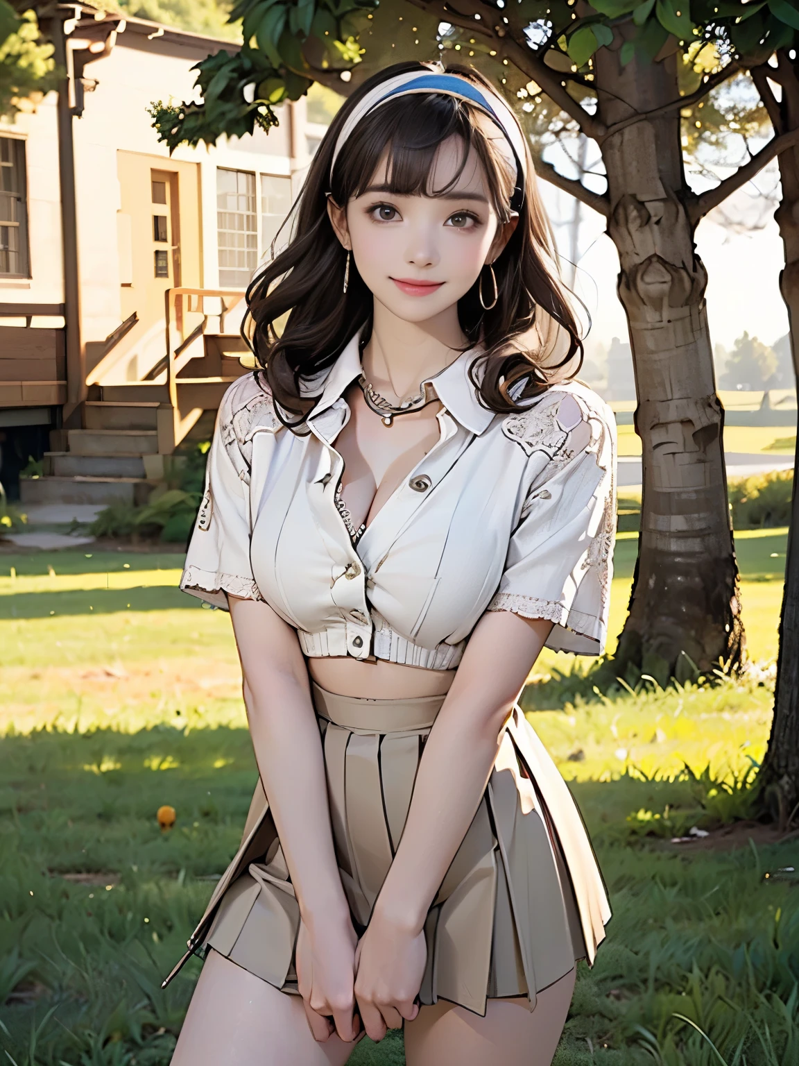 ((((highest quality))))、(((Ultra-precision CG16K wallpaper)))、(((masterpiece)))、(((Super detailed)))、(((Extreme detail)))、((1Mature 29 year old woman:1.6))、((Very beautiful Japanese faces))、((vegetable々Introduction:1.5))、((Straight medium hair、blunt bangs:1.5))、(Shiny brown hair)、Beautiful delicate eyes、Brown Eyes、eyeliner、Eyeshadow、High nose、Small nostrils、Small Mouth、Seductive lips、Beautiful breasts、((C cup size breasts))、Cleavage、Beautiful feet、eight-headed body、Perfect proportions、Perfect Anatomy、Perfect composition、Beautiful detailed shading、Beautiful, natural lighting、Beautiful detail glow、Depth of written boundary、(((High chroma)))、(((Real:1.9)))、((vivid:1.5))、((Beautiful Skin))、((Skin Texture))、((Realな皮膚感))、(((Cowboy Shot:1.6)))、((front view、shoot from front、Front low angle:1.6))、(((smile:1.6)))、((The woman is looking at this、looking at viewer、Facing forward:1.6))、Bright daylight、Natural light、(((Grass Square、Trees:1.5)))、(Walking Pose:1.6)、(((Sepia colored collared lace knit shirt、White pleated miniskirt clothing:1.6)))、((Wide Hair Band、Earrings、Wearing a necklace:1.5))、((Knee-high socks:1.3))、