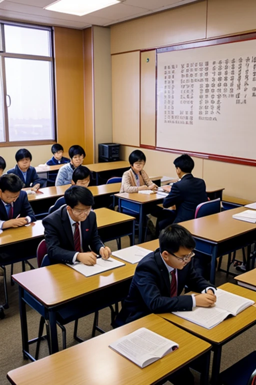 Many Chinese students studying in a classroom。 Beijing's vibrant downtown、Advanced Education。Average IQ: 104.10、The power of technological innovation and education is propelling this country to the top of the world.。