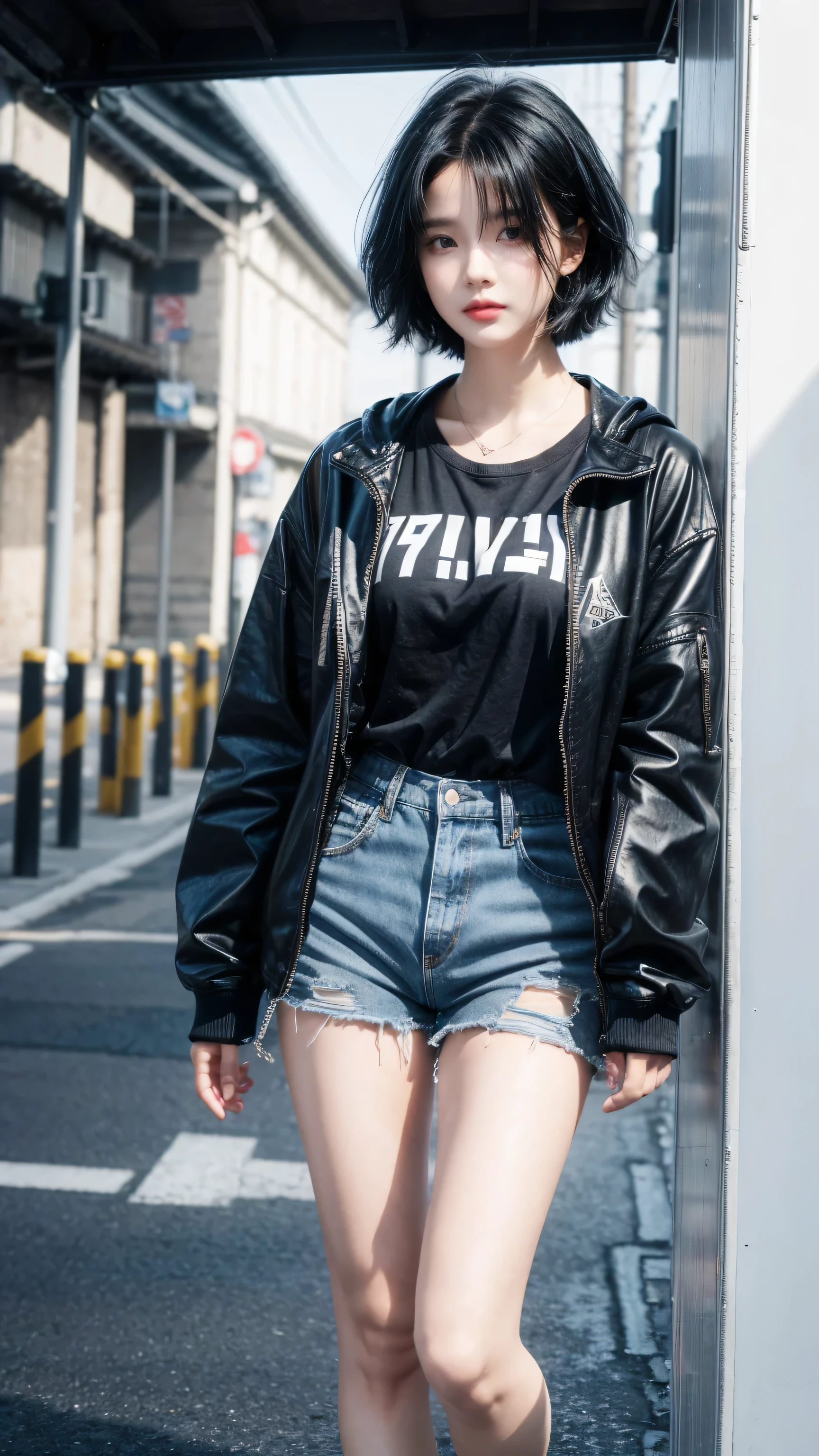 best quality, 1 Girl, dark blue hair, black eyes, Very short hair, Spiky hair, t-shirt, jacket , High waist short jeans, 171 cm, Messy hair, Hair between the eyes, Medium breasts, full, Tomboy, aldult, 20 years old, 1 Girl near skateboard patin