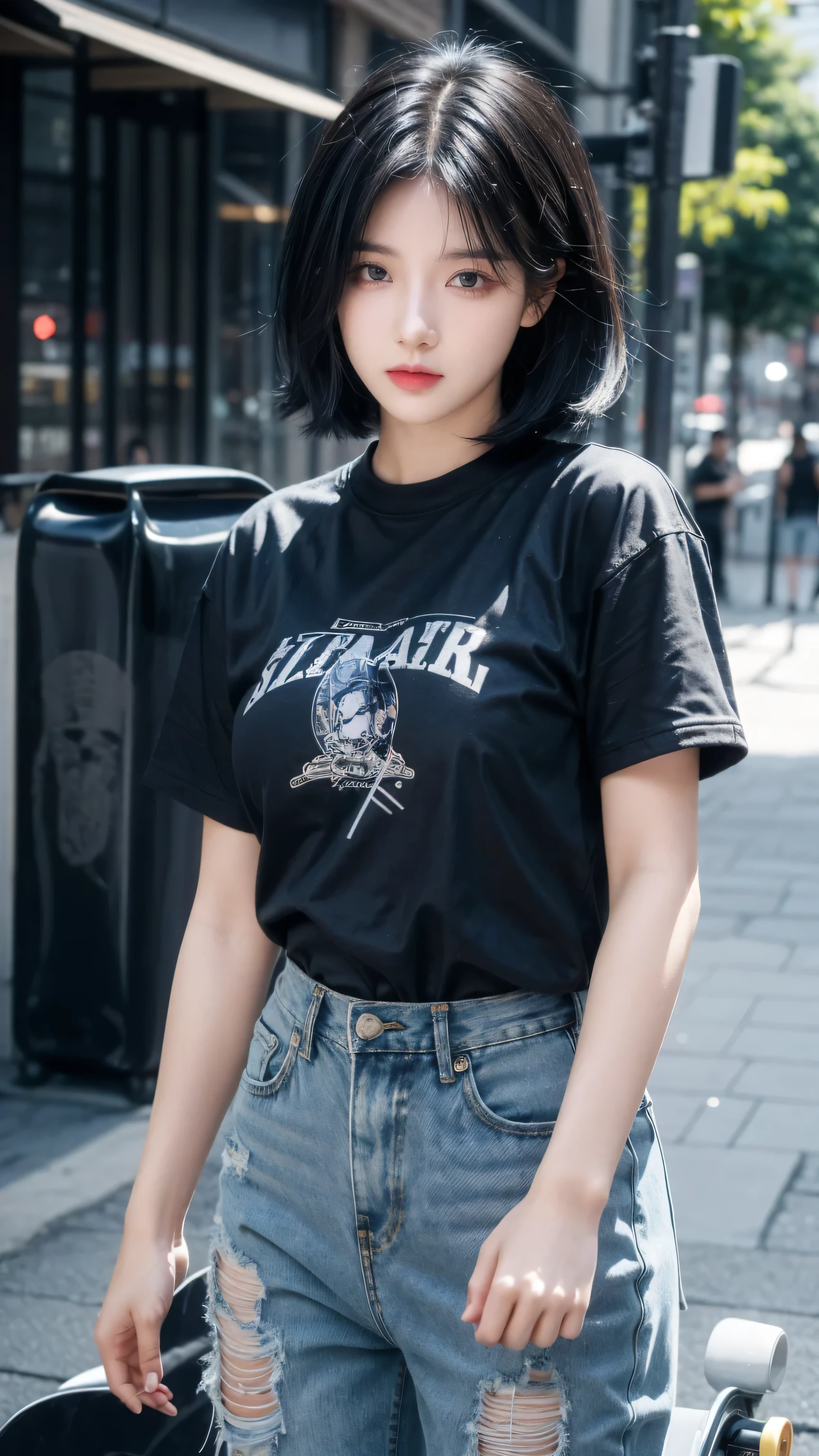 best quality, 1 Girl, dark blue hair, black eyes, Very short hair, Spiky hair, t-shirt, jacket , High waist short jeans, 171 cm, Messy hair, Hair between the eyes, Medium breasts, full, Tomboy, aldult, 20 years old, 1 Girl near skateboard patin