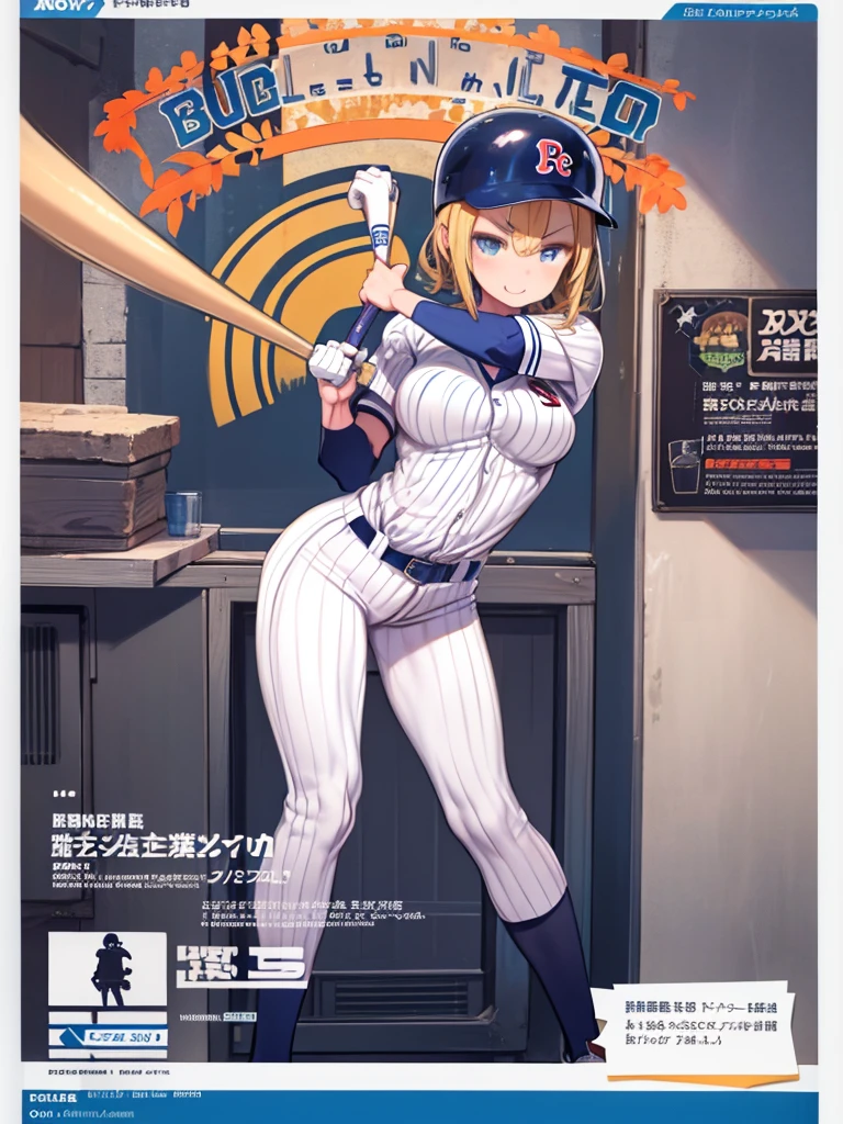 masterpiece、highest quality、High resolution、Very detailed、Girl、Blonde、Blue Eyes、Big Breasts、Baseball Player、baseball player、Wearing a baseball uniform、Put on a baseball helmet、Stand in the batter's box、V-shaped eyebrows、laughing、Hold the bat、Angle from the front、Viewed from the front、