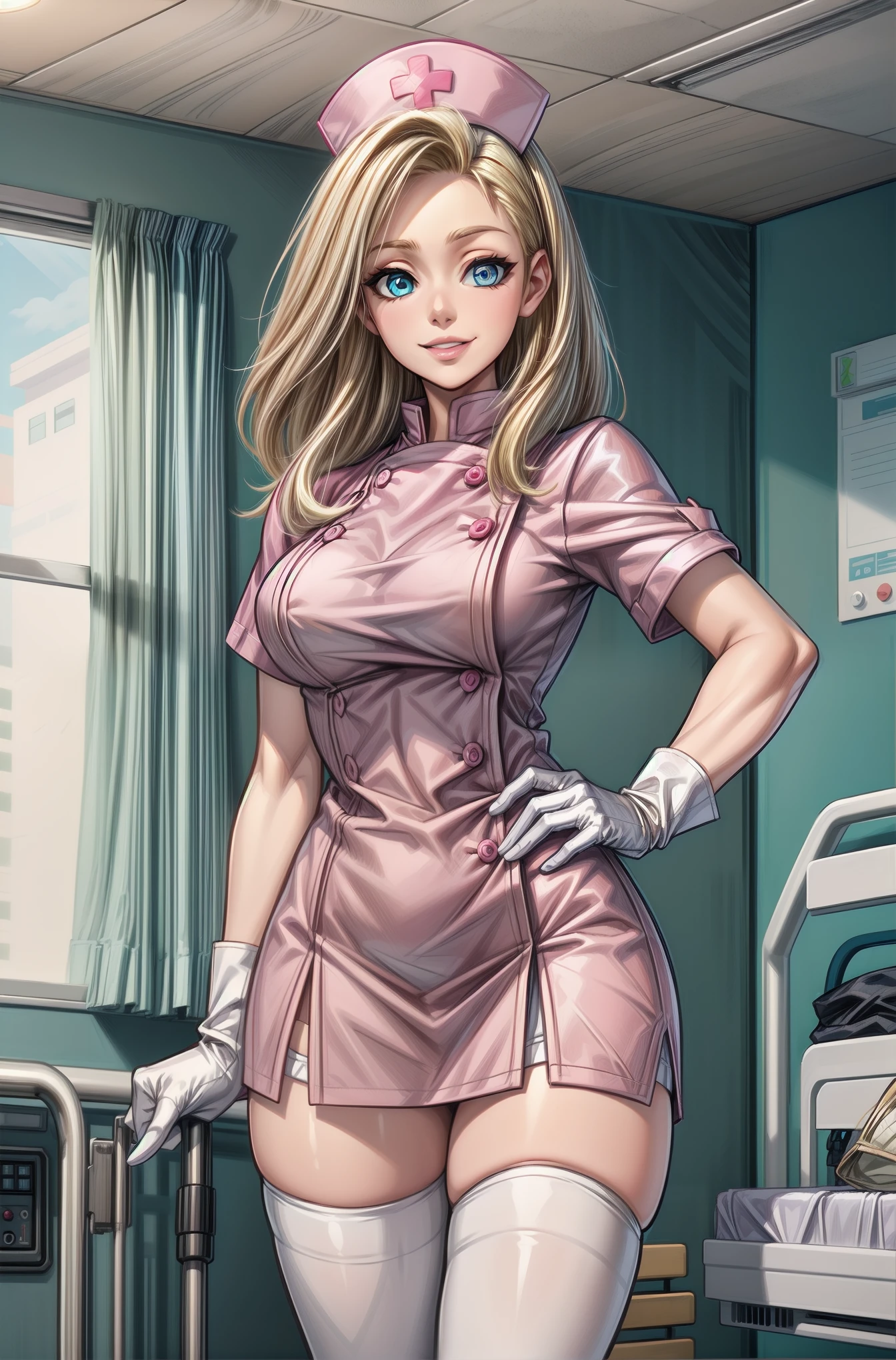 1 Female, nurse, nurse cap, White, ((White legwear, zettai ryouiki)), White gloves, Blonde Hair, blue eyes, Pink Lips, smile, Are standing, ((Hospital room)), Sharp contours, Short sleeve, Mature Woman, Age 35, highest quality, masterpiece