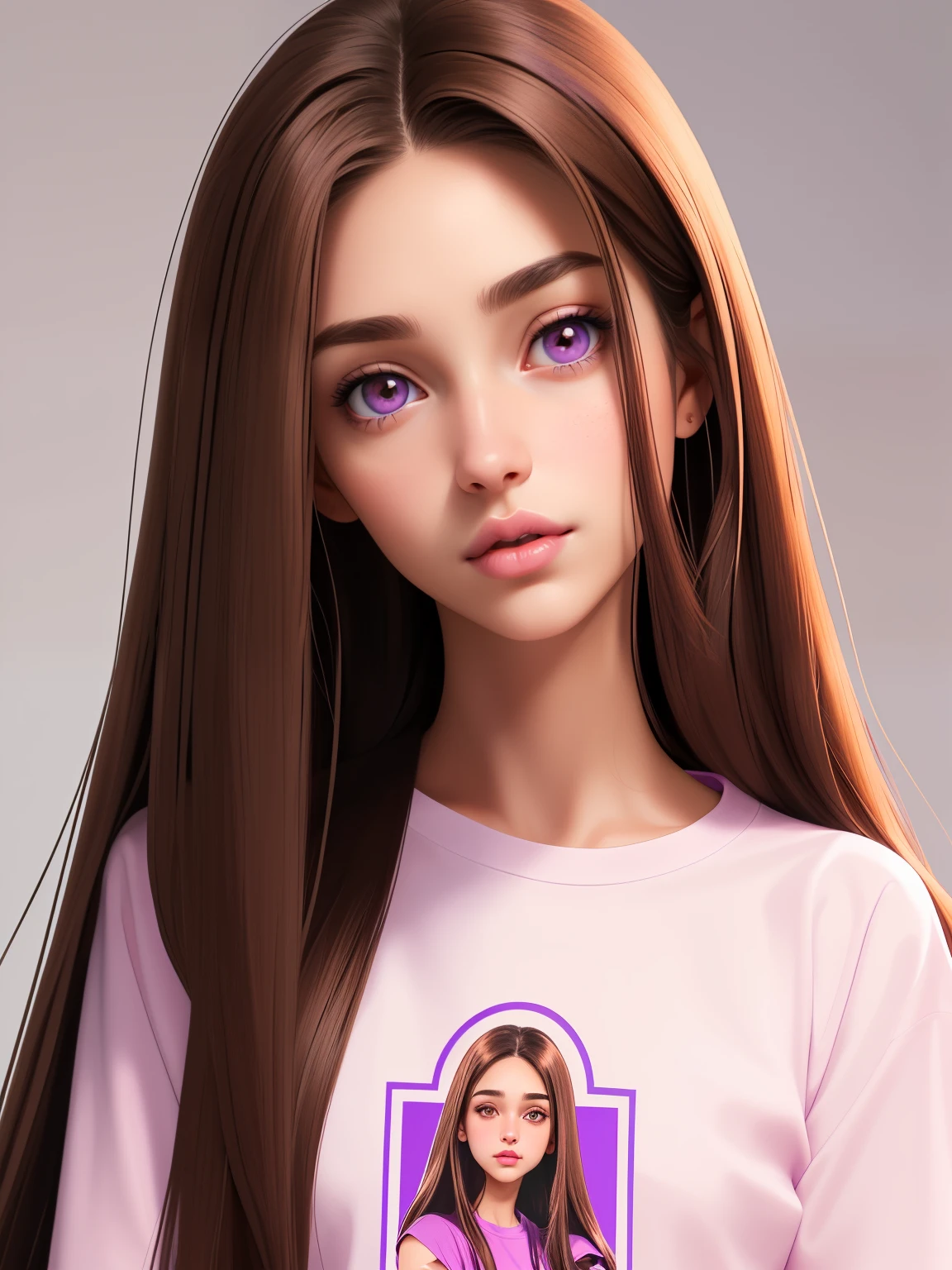 Girl, long straight brown hair, brown eyes, sharp features, white skin, pink lips, beautiful, purple t-shirt with sleeves