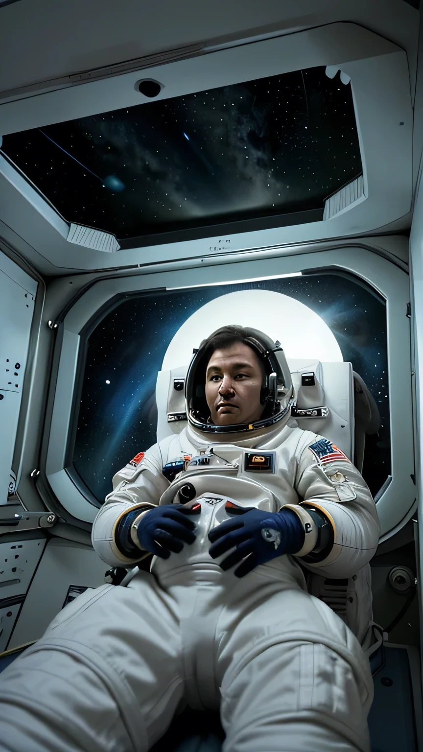 Astronaut inside a spaceship, preparando-se para dormir, segurando um saco de dormir espacial.